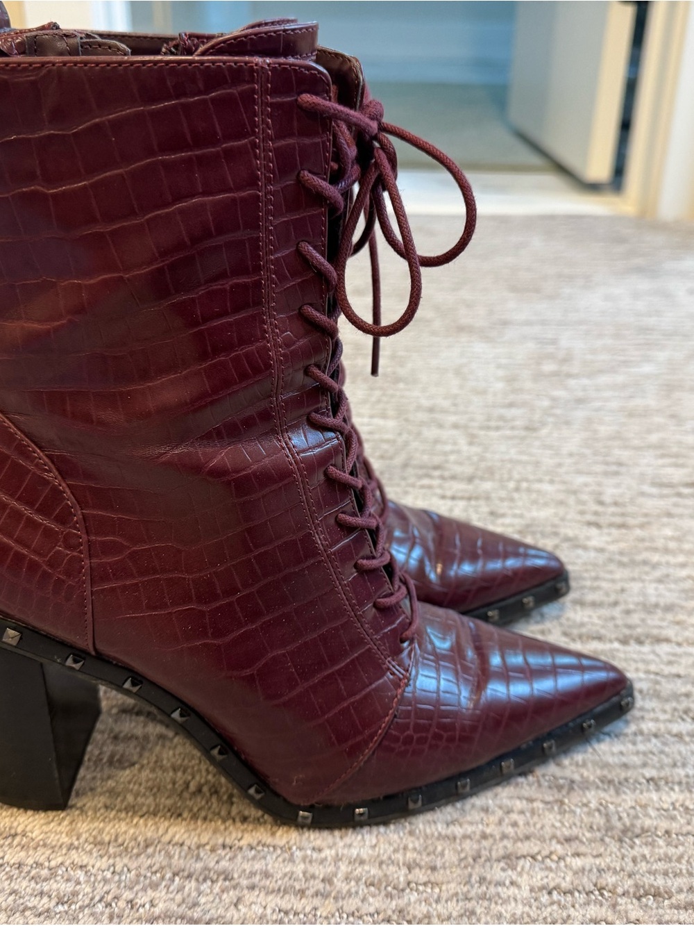 Charles David Burgundy Croc-Embossed Lace-Up Block Heel Ankle Boots - Picture 3 of 7